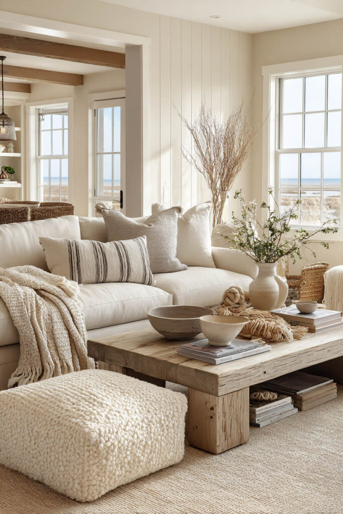 Neutral living room with a light linen sofa, textured pillows, rustic wood coffee table styled with ceramics, and a chunky knit pouf, filled with natural light from tall windows.