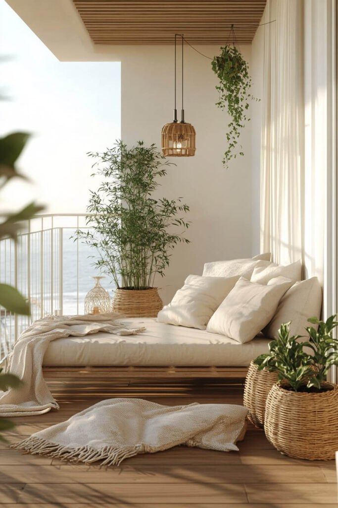 Modern coastal balcony with daybed, neutral cushions, woven baskets, hanging plants, bamboo, wood ceiling, and ocean view.