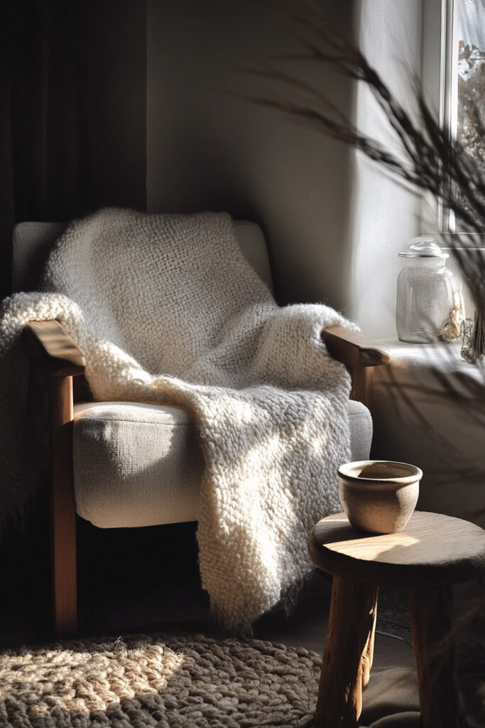 Armchair with a thick wool knit throw in soft sunlight beside a rustic stool and window in a warm neutral room