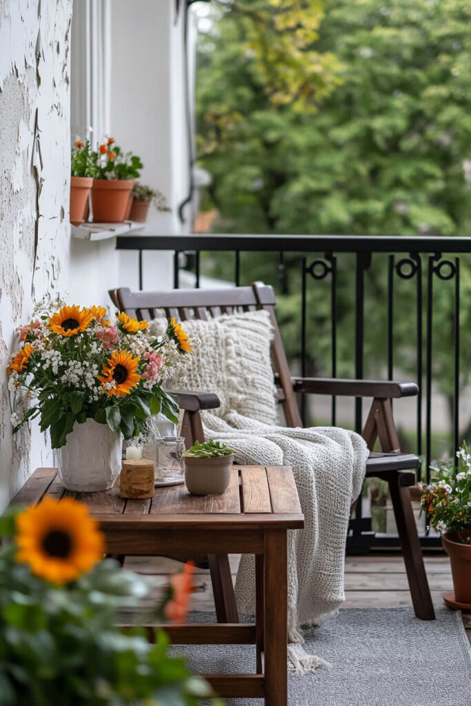 Sunny cozy balcony with sunflowers, wooden chair, knit blanket, wooden table, potted plants, terracotta flower pots, and black iron railing.