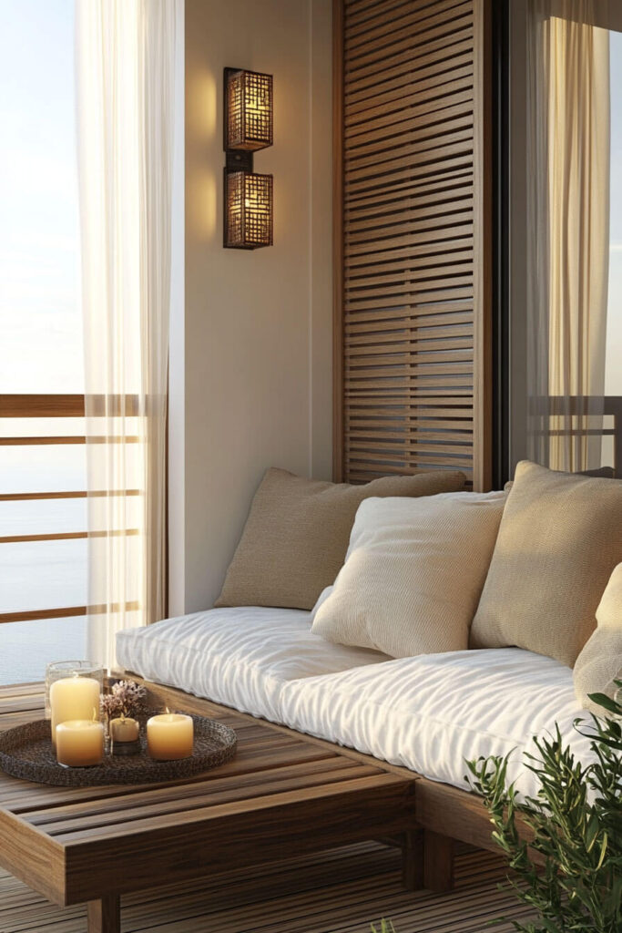 Modern balcony with wooden sofa, neutral cushions, slatted coffee table, candles, sheer curtains, soft lighting, and ocean view.