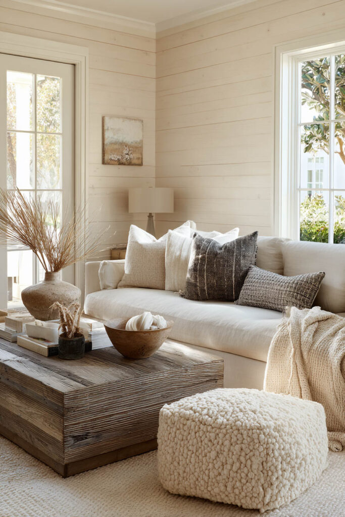 Neutral living room with a rustic wood coffee table, textured pillows in earthy tones, boucle pouf, and natural light brightening the space for a warm, welcoming feel.