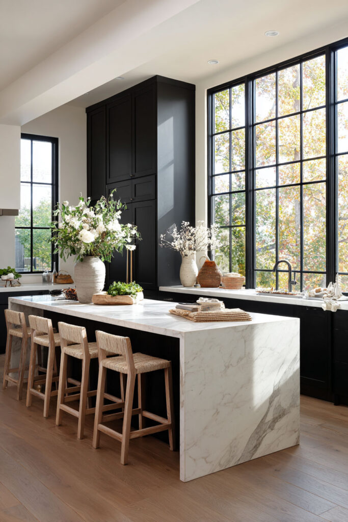 Modern kitchen with striking black cabinets, a large white marble waterfall island, woven bar stools, and floor-to-ceiling black-framed windows letting in abundant natural light.