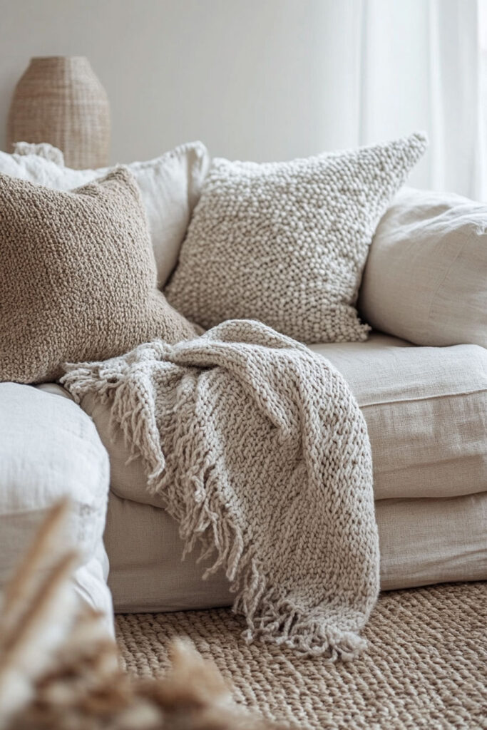 Close-up of a Scandinavian-style neutral sofa layered with chunky knit throw pillows and a textured beige blanket in a cozy living room.