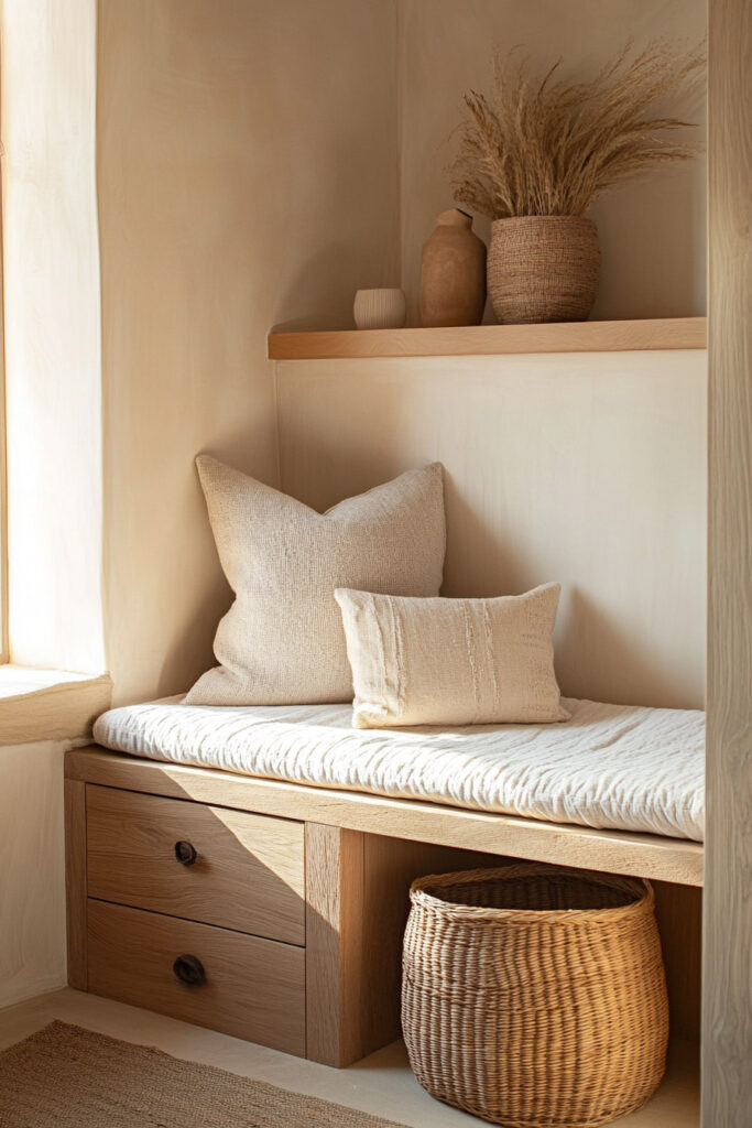 Neutral-toned bench nook with soft cushions, built-in wood drawers, and woven basket for natural storage.