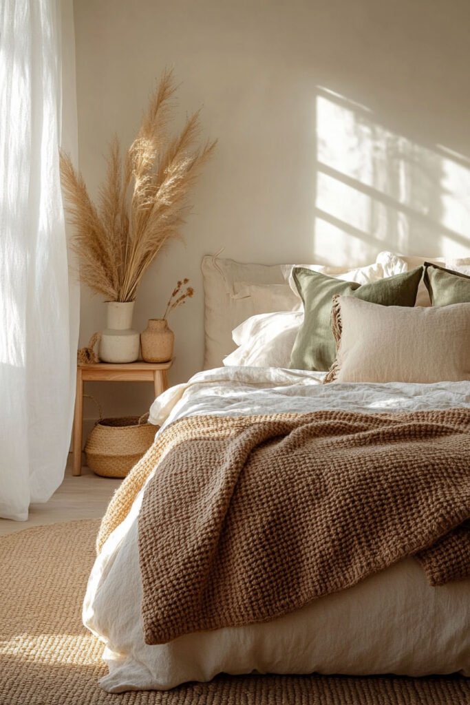 Earthy bedroom with sage green and neutral pillows, a chunky brown throw blanket, pampas grass in ceramic vases, and natural morning light casting soft shadows on the wall.