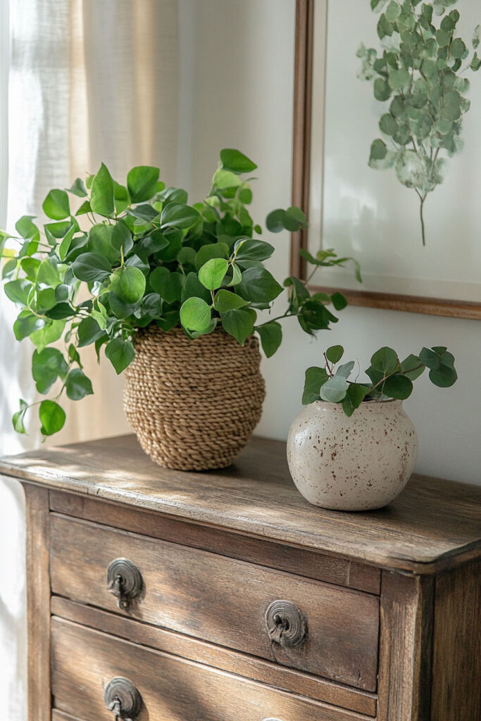 Green leafy houseplants styled on a rustic wood dresser, with one in a woven basket planter and the other in a speckled ceramic vase, set beside a botanical art print and soft curtain light.