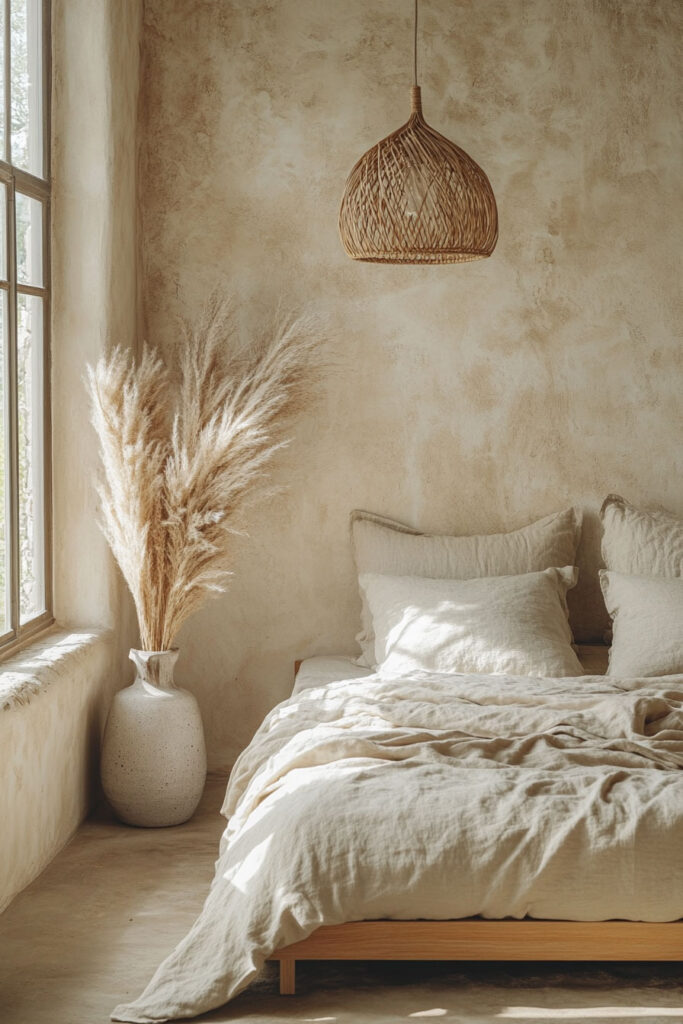 Sunlit earthy bedroom with neutral-toned linen bedding, a ceramic vase of pampas grass by the window, and a woven rattan pendant light against textured plaster walls.