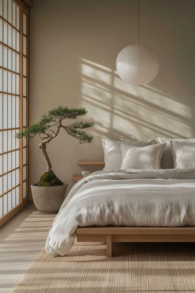Earthy minimalist bedroom featuring a bonsai tree in a textured planter, shoji-style sliding screens, a paper lantern pendant light, and neutral-toned bedding on a wooden platform bed.