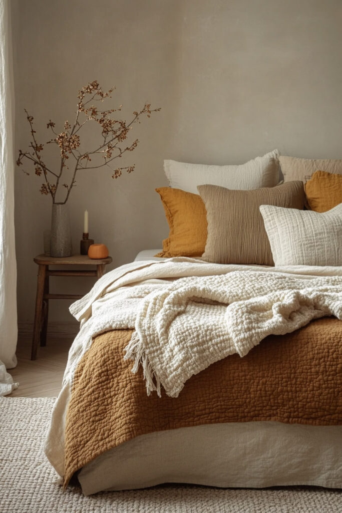 Earthy minimalist bedroom featuring layered pillows in mustard and taupe, a textured white throw blanket, and a rustic wooden nightstand with dried branches.