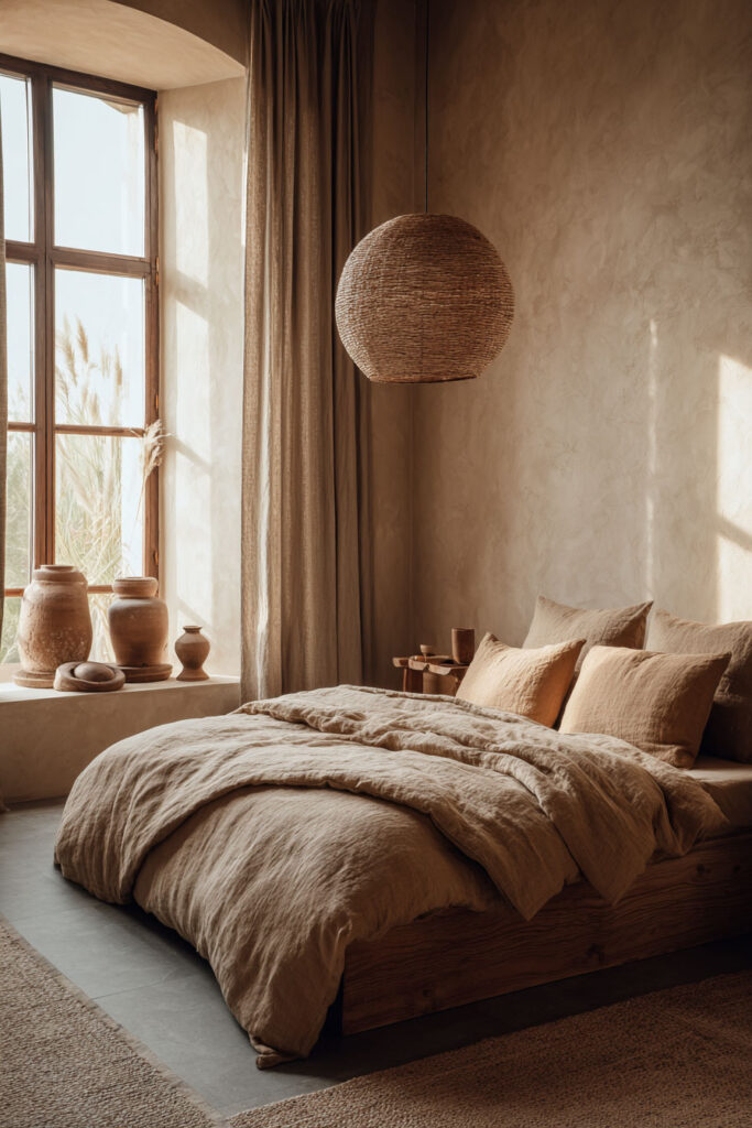 Warm earthy bedroom with textured beige walls, natural linen bedding, terracotta pottery on the window ledge, and a woven pendant light.