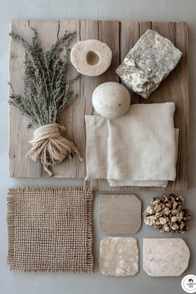Flat lay of natural earthy materials including rough stone, linen napkins, dried herbs, ceramic pieces, and jute fabric on a rustic wood background.