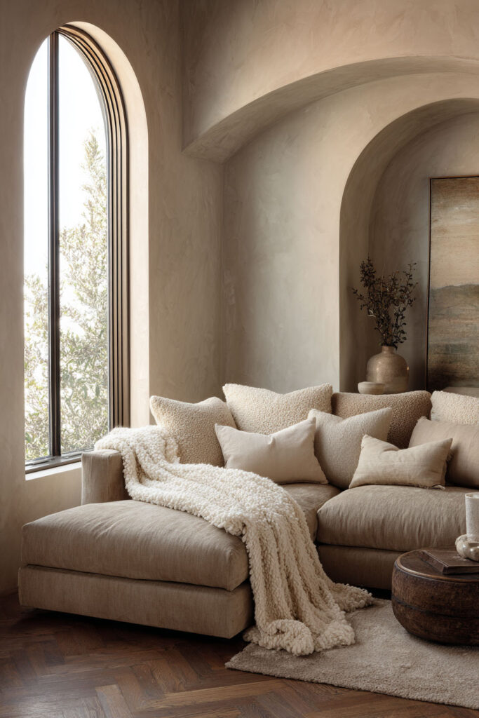 Earthy neutral living room with arched windows, textured plaster walls, a warm beige sectional layered with cozy pillows and a chunky knit throw, styled with natural materials and organic shapes for a serene modern look.