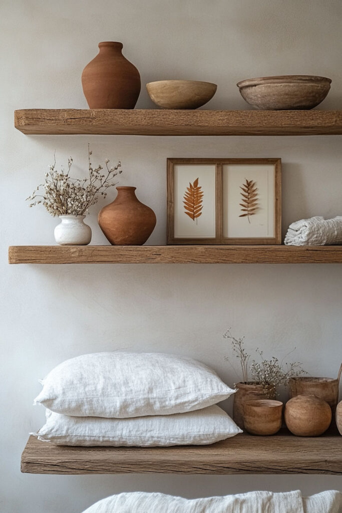 Rustic wood wall shelves styled with terracotta vases, wooden bowls, dried florals, linen pillows, and framed botanical prints.