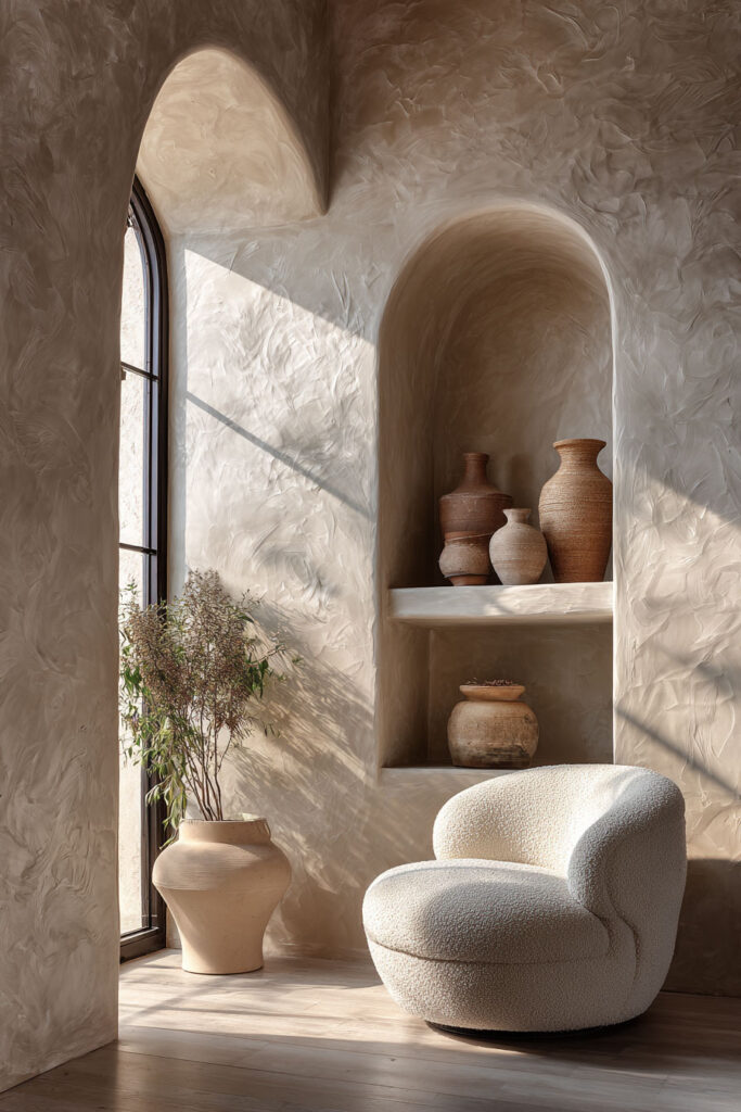 Neutral reading nook with a boucle swivel chair, textured plaster walls, built-in arched niche shelving styled with rustic pottery, and a large clay planter by the window.
