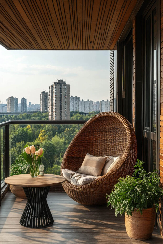 Modern balcony with rattan egg chair, neutral cushions, wooden floor, round side table with tulips, potted plant, and city skyline view.