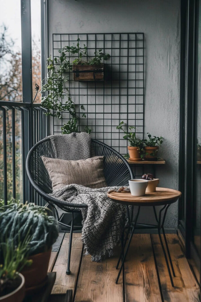 Small cozy balcony with black chair, throw blanket, wooden table, coffee, potted plants, and vertical grid trellis.