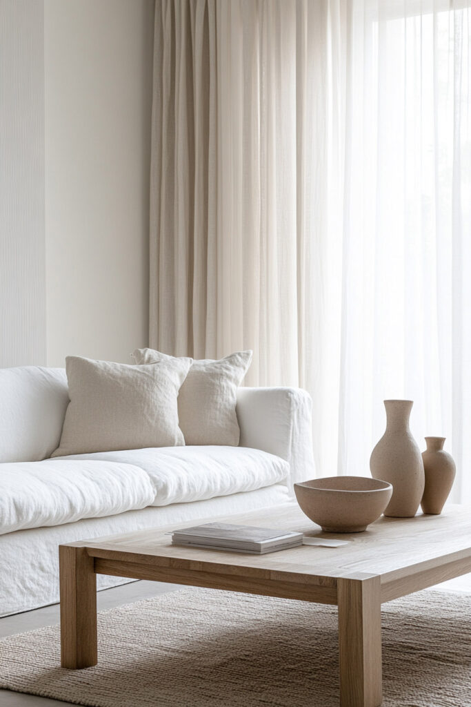 Bright minimalist living room with a low wooden coffee table, neutral ceramic vases, and a white linen sofa with beige throw pillows.