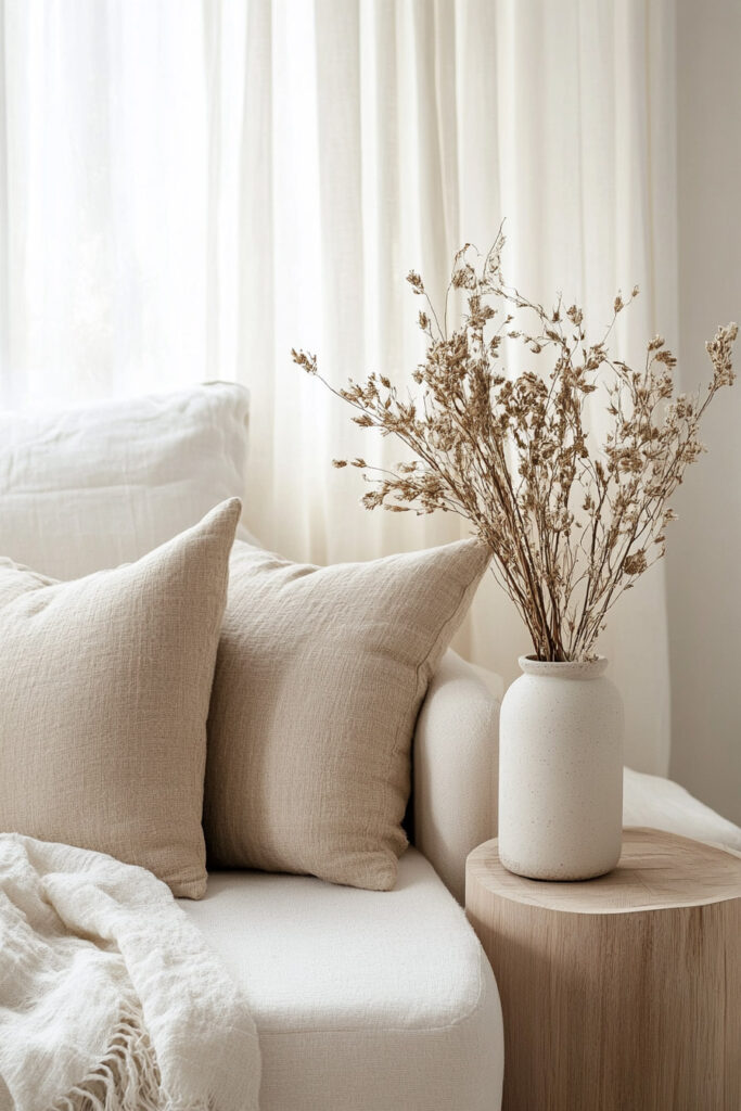 Neutral living room detail featuring soft beige pillows, a cozy throw, and a ceramic vase with dried flowers on a wooden side table.