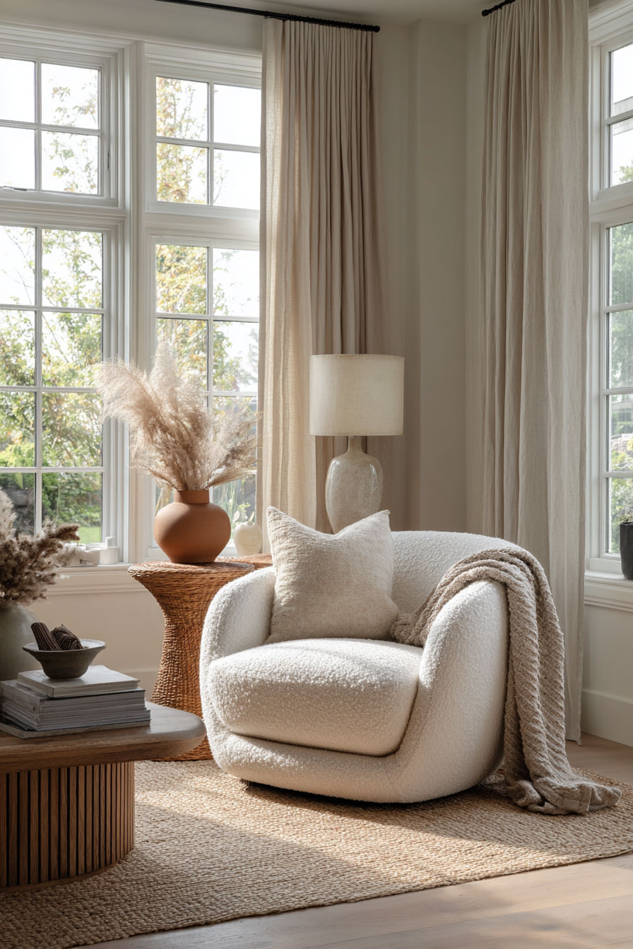 Neutral reading nook with a soft boucle armchair, jute rug, woven table holding pampas grass in a terracotta vase, and natural light streaming through large windows, styled with warm textures and calming tones.