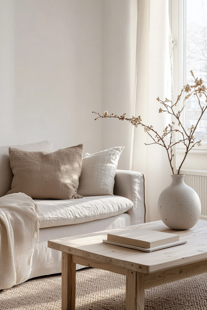 Cozy neutral sofa with beige linen pillows and throw blanket beside a light wood coffee table and ceramic vase with dried blossoms.