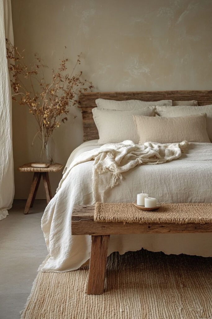 Earthy bedroom with a rustic wood bed frame, textured cream bedding, a woven bench at the foot of the bed, and dried florals on a wooden stool.