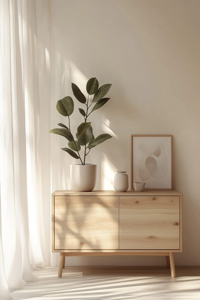Light wood sideboard styled with a potted plant, neutral-toned ceramic vases, and minimalist wall art in soft morning light.