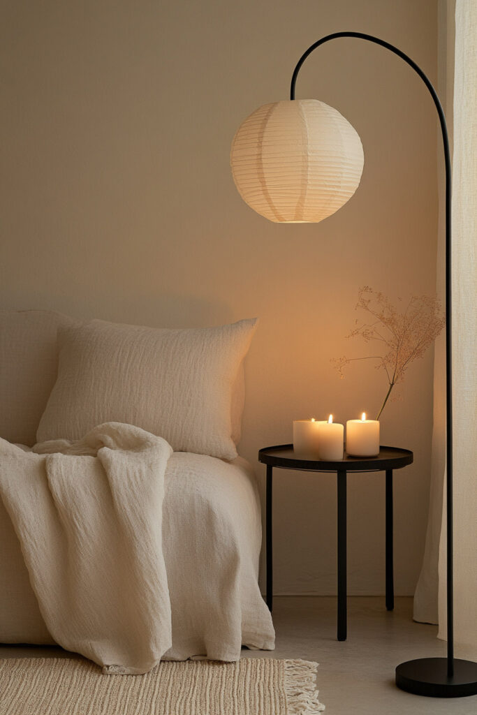 Scandinavian minimalist living room corner with neutral sofa, paper lantern floor lamp, black side table, and soft candlelight ambiance