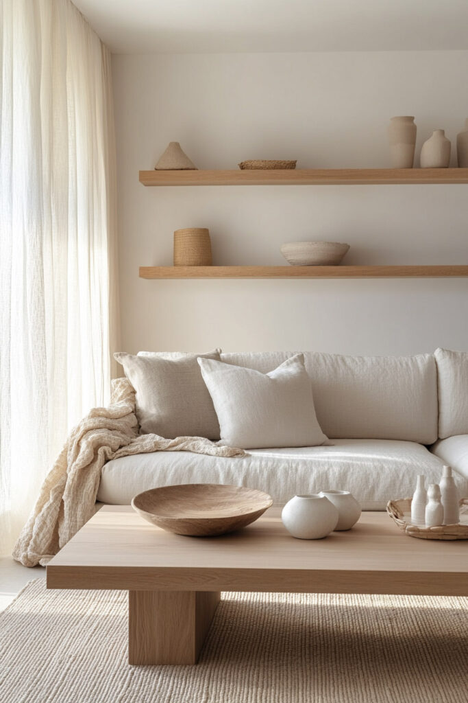 Scandinavian minimalist living room with a low natural wood coffee table, cream textured sofa, and floating wood shelves decorated with pottery and woven baskets.
