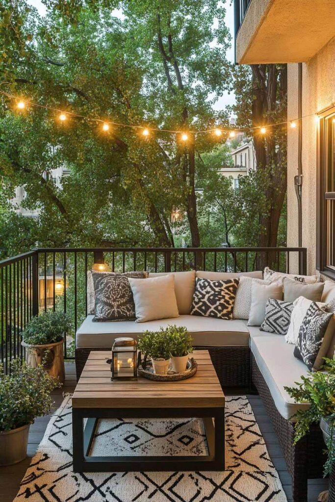 Modern boho cozy balcony with sectional sofa, patterned pillows, wooden coffee table, geometric rug, string lights, and potted plants.