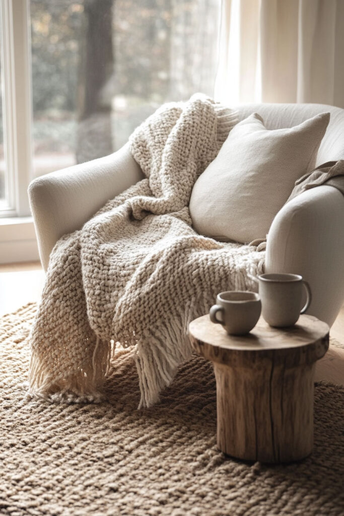 Neutral-toned armchair with a chunky knit throw, linen pillow, and two ceramic coffee cups on a rustic wooden stool