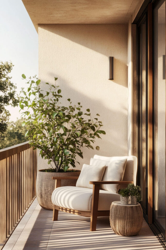 Minimalist balcony with wooden lounge chair, white cushions, potted plant, woven side table, small succulents, and natural sunlight.