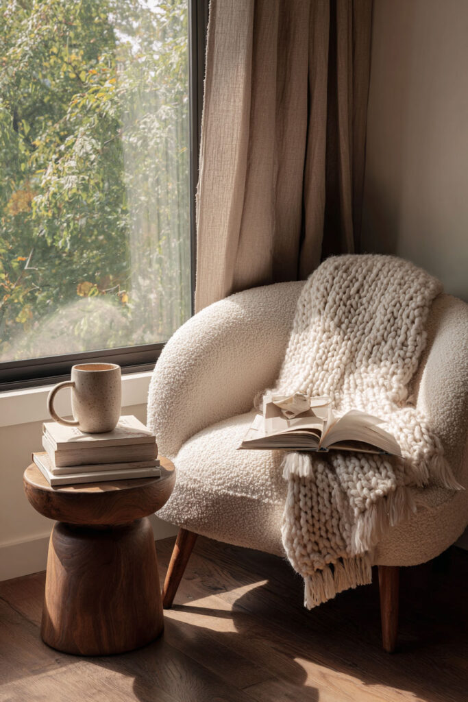 Neutral reading nook with a soft bouclé armchair, chunky knit throw, wooden side table stacked with books, and natural light streaming through large windows.