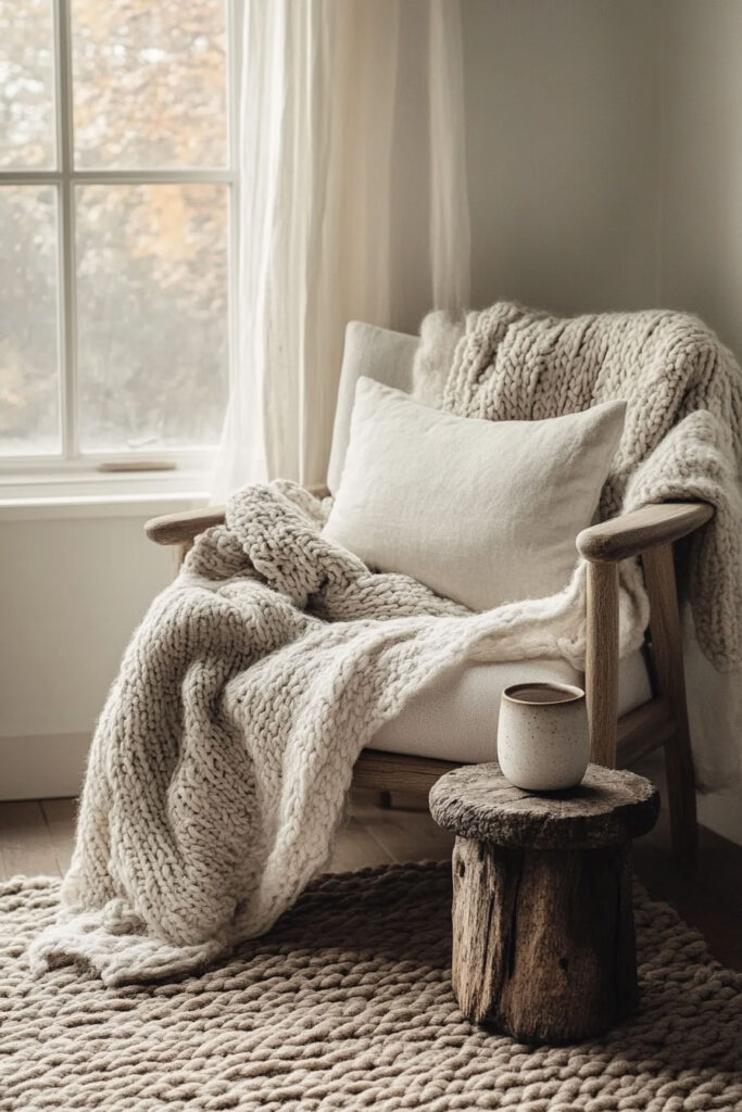 Armchair with thick knit throw and pillow next to a rustic wood stool holding a ceramic mug in soft natural light