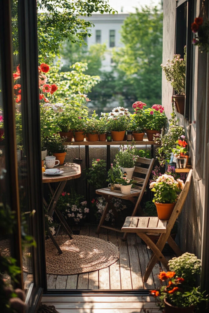 Colorful cozy balcony with blooming flowers, terracotta pots, wooden bistro set, round woven rug, rustic wood floor, and garden retreat vibe.