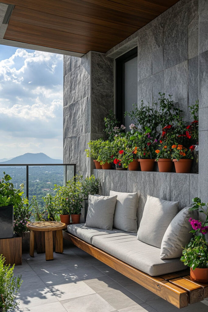 Modern balcony with wooden bench, gray cushions, colorful potted flowers, stone walls, wood-paneled ceiling, and mountain view.