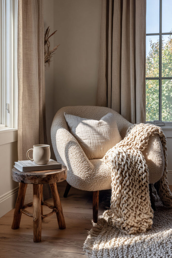 Neutral reading corner featuring a bouclé armchair with a textured knit throw, a rustic wood stool holding books and a coffee mug, and soft natural light from large windows.