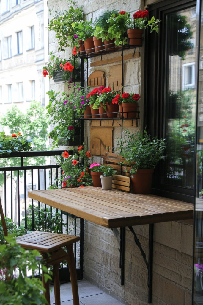 Small cozy balcony with fold-down wooden table, metal wall shelf, terracotta potted flowers, cascading greenery, and mini garden vibe.
