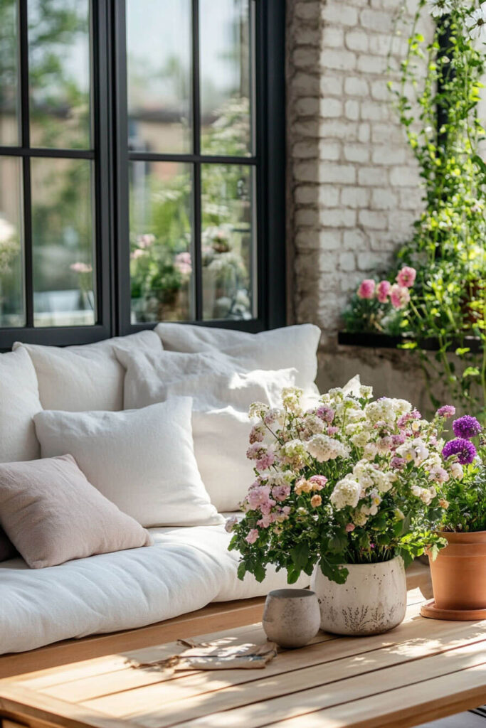 Modern balcony with white cushioned sofa, neutral pillows, wooden coffee table, fresh pink and white flowers, brick wall, and black-framed windows.
