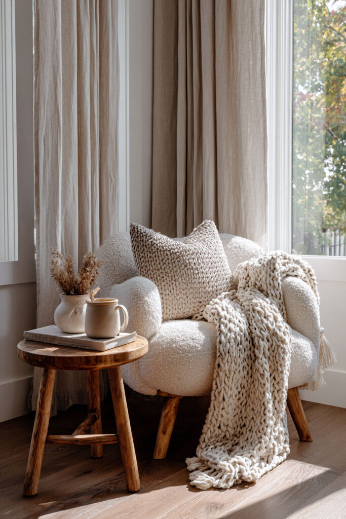Neutral reading nook featuring a bouclé accent chair with a chunky knit throw and textured pillow, paired with a rustic wood side table holding books, a ceramic mug, and a vase of dried flowers.