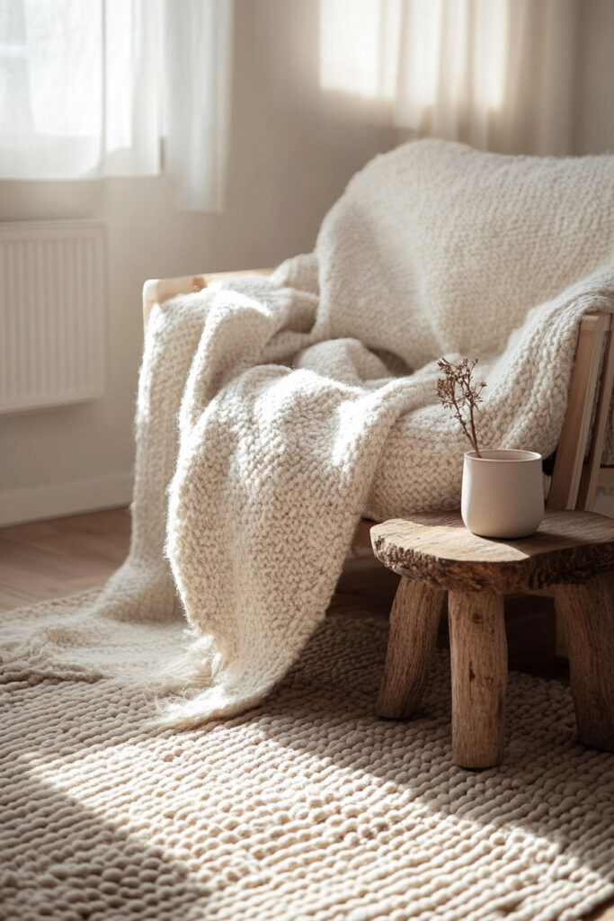 Cream chunky knit throw draped over a light wood armchair, with a small rustic wood stool and ceramic cup beside it on a thick woven rug