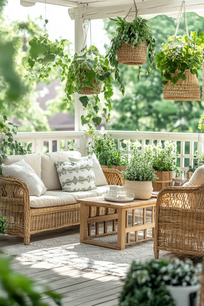 Bright cozy balcony with wicker seating, wooden coffee table, hanging woven planters, neutral cushions, potted flowers, and garden oasis vibe.