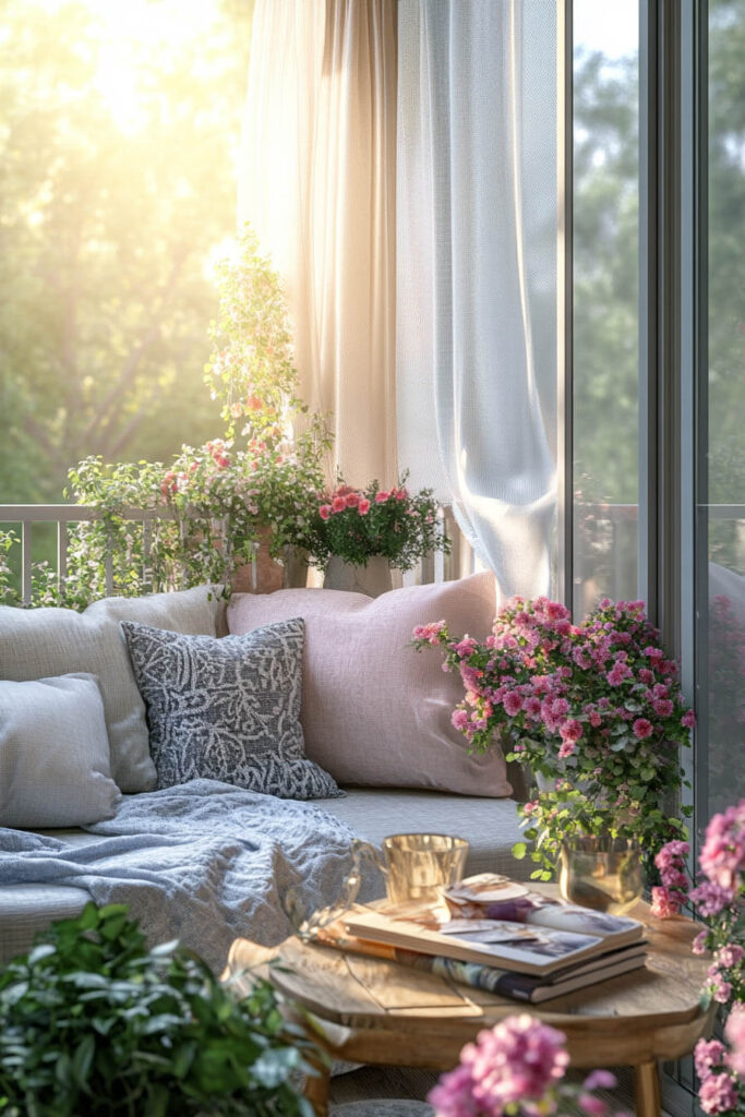 Romantic balcony with pastel pillows, cozy blanket, wooden coffee table, blooming pink flowers, trailing greenery, and white curtains.