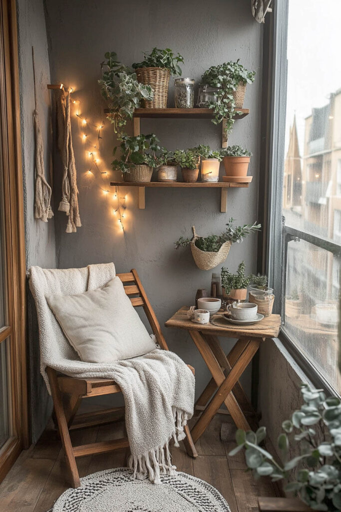 Cozy enclosed balcony with string lights, wooden chair, knit blanket, wooden shelves, potted plants, candles, and neutral tones.