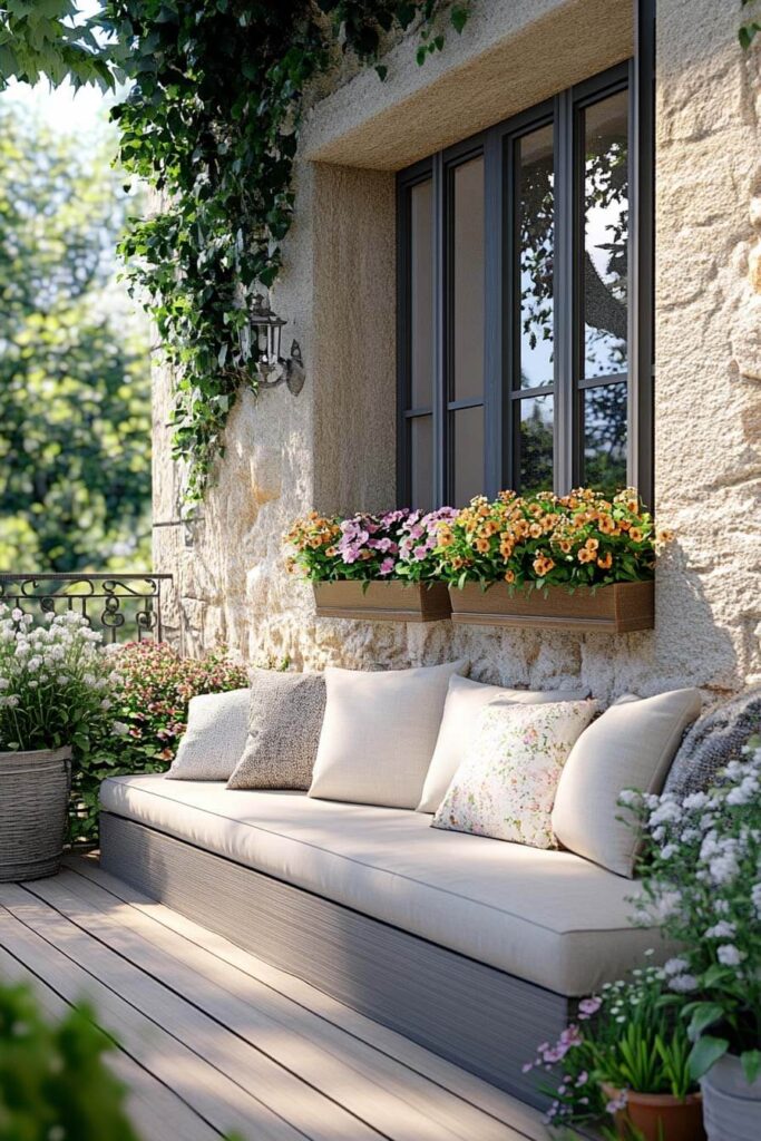 Charming balcony with stone wall, ivy, neutral bench, colorful window boxes, potted flowers, wood decking, and wrought iron railing.