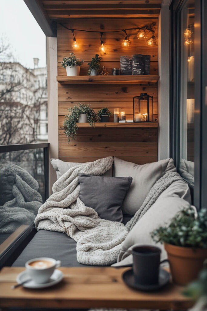 Cozy enclosed balcony with wooden bench, chunky knit blankets, string lights, candles, floating shelves, wood wall, and potted greenery.