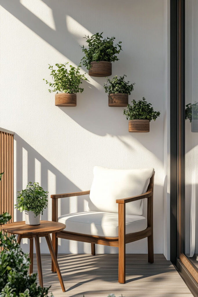 Minimalist modern balcony with wooden chair, white cushion, small side table, and vertical wall planters with green plants.