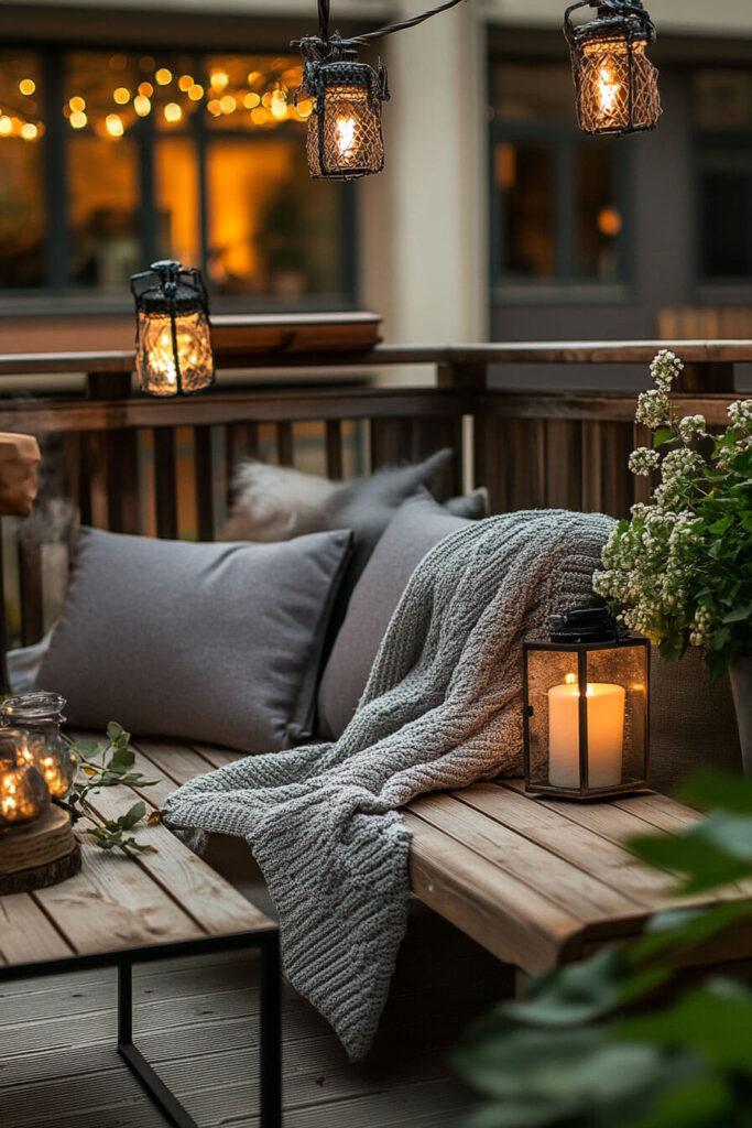 Cozy evening balcony with wooden bench, gray cushions, knit blanket, candle lanterns, string lights, potted flowers, and rustic wood table.