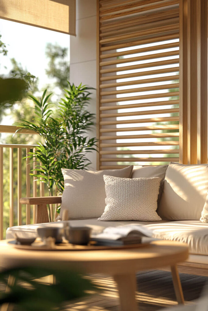 Scandinavian-style balcony with neutral sofa, wooden coffee table, slatted privacy screen, soft lighting, and potted greenery.