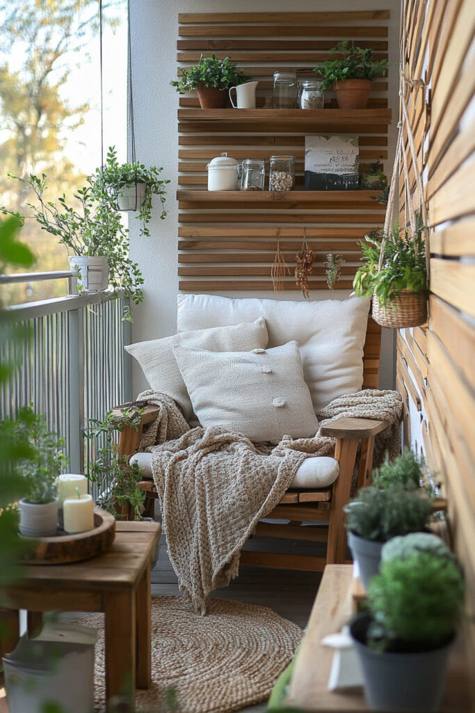 Cozy balcony with wood slat walls, floating shelves, wooden chair, neutral pillows, knit throw, hanging plants, candles, and potted herbs.